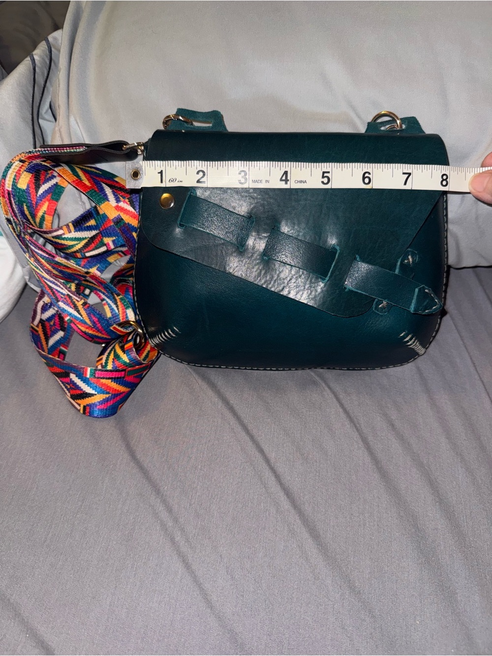 100% Leather Dark Green Crossbody Bag with Multicolor Strap
